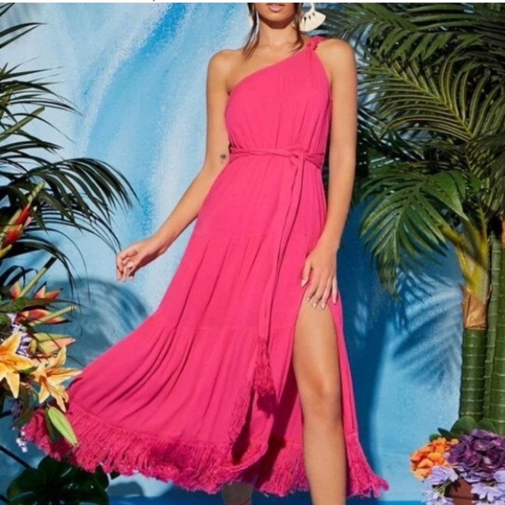 pinmOne Shoulder Belted Fringe Trim Thigh split Ruffled Hem Dress